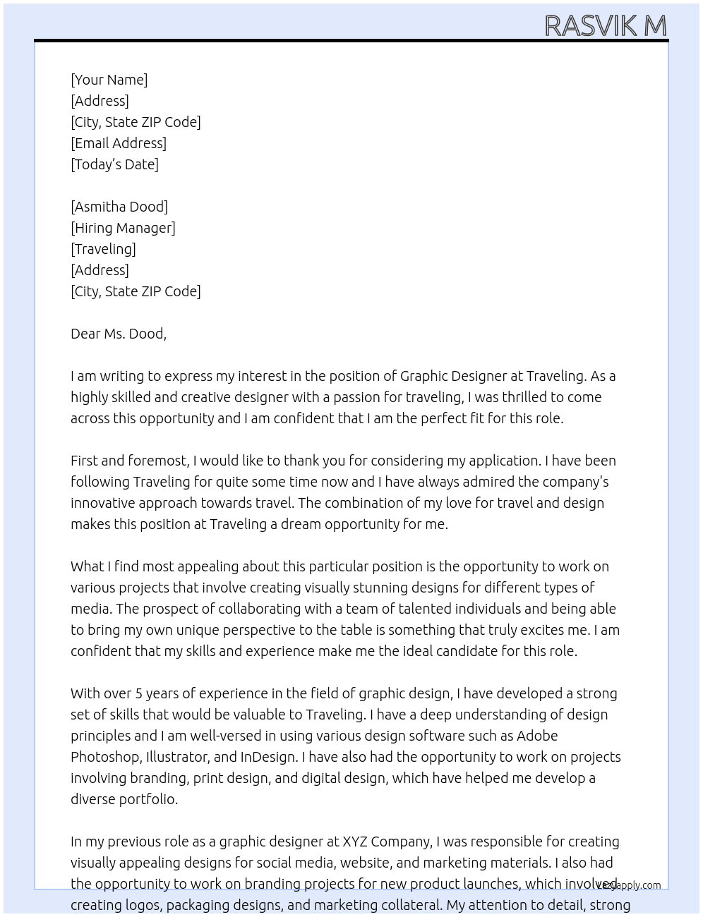 Graphic Designer At Traveling Cover Letter