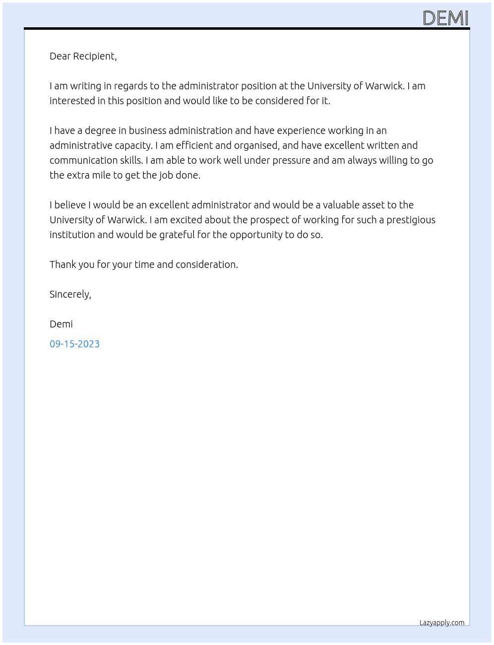 Administrator At University of Warwick Cover Letter