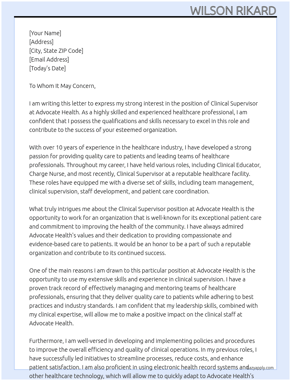 Clinical Supervisor At Advocate Health Cover Letter