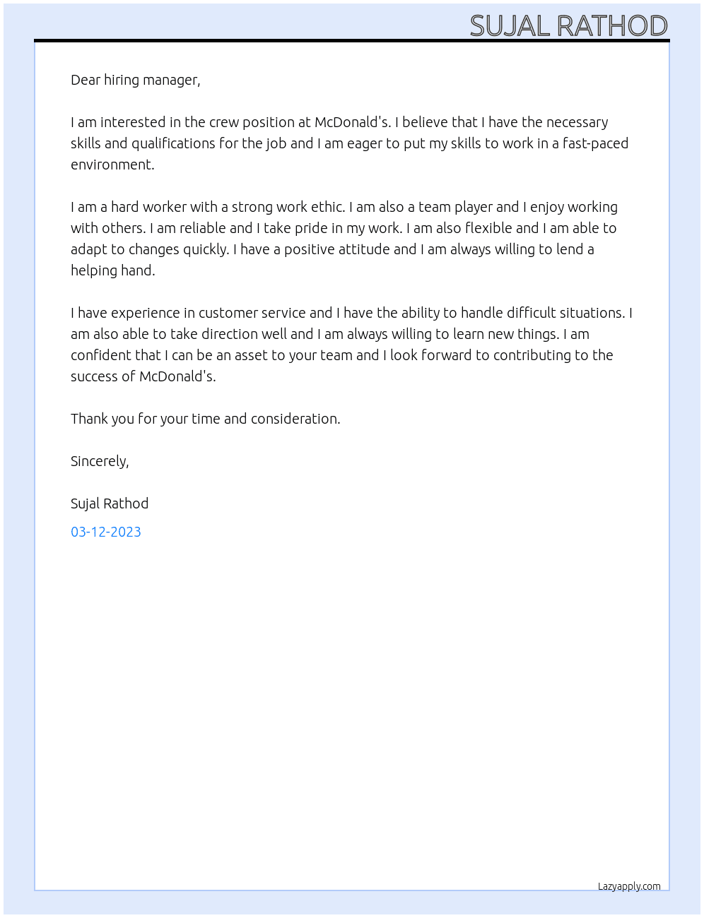 crew At Mc Donald Cover Letter