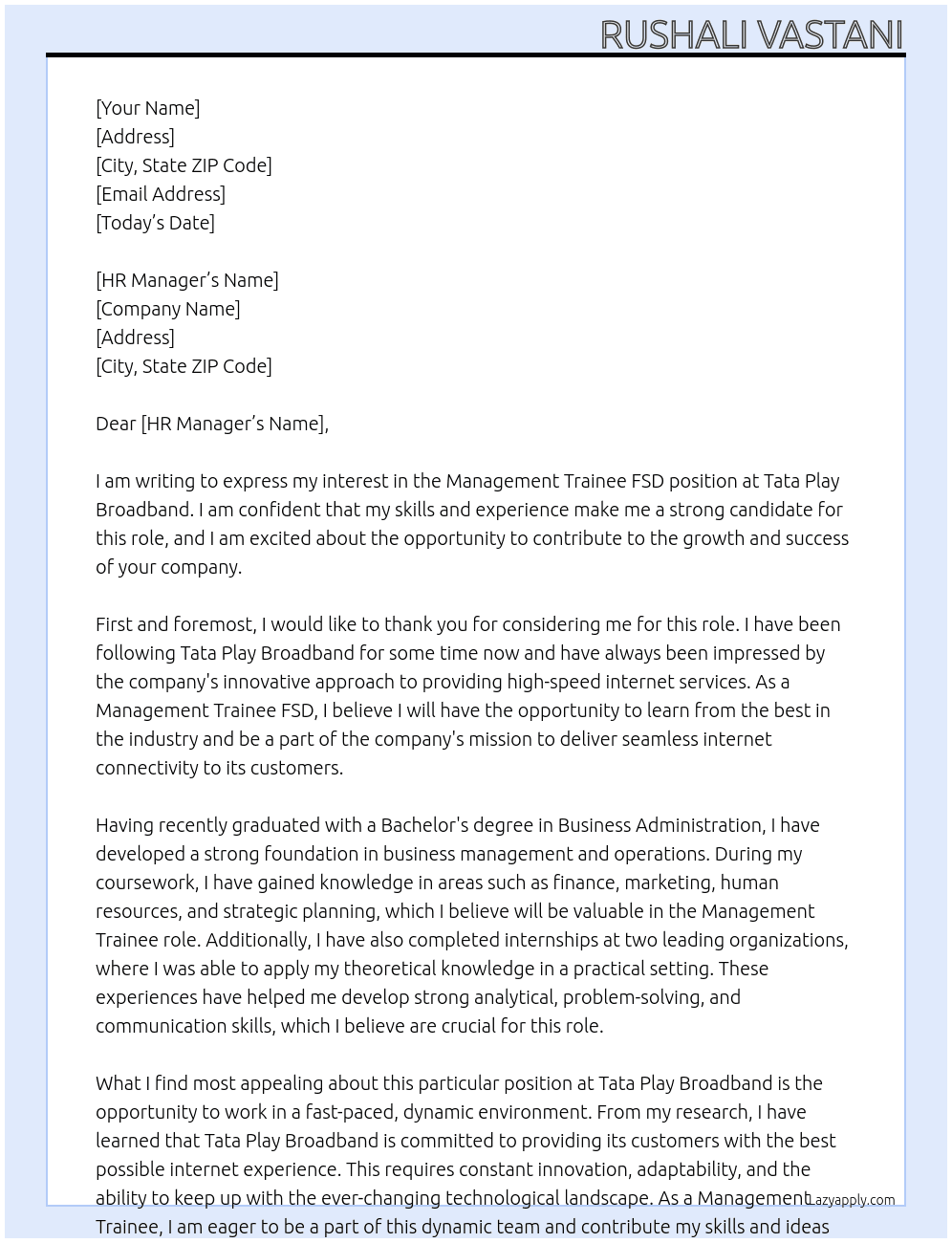 Management Trainee FSD At Tata Play Broadband Cover Letter