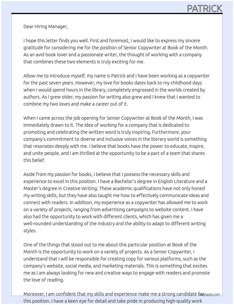 Senior Copywriter At Book of the Month Cover Letter