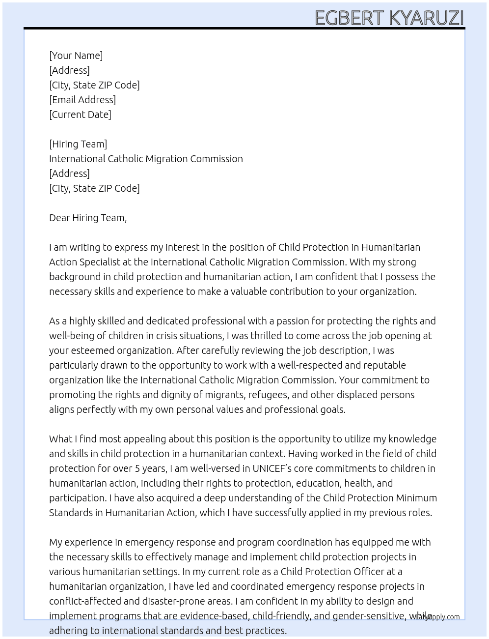 Child Protection in Humanitarian Action Specialist At  International Catholic Migration Commission Cover Letter