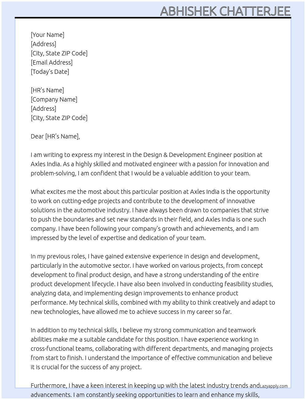 Design & Development Engineer At Axles India Cover Letter