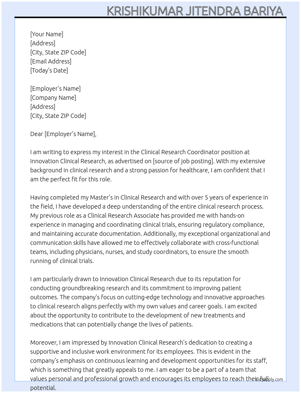 Clinical Research Coordinator  At   Innovation Clinical Research Cover Letter