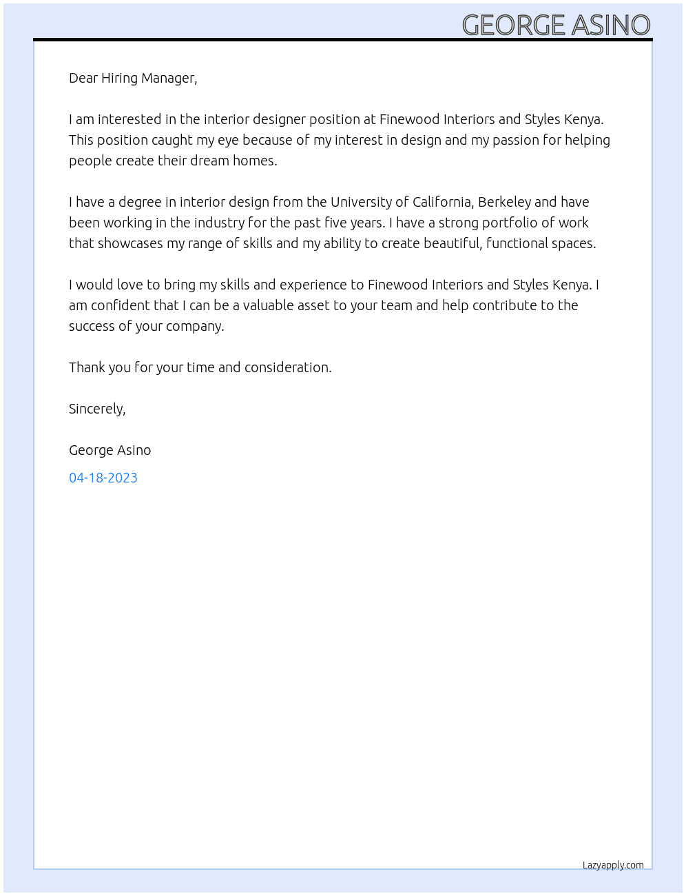 Interior Designer  At Finewood Interiors and Styles Kenya Cover Letter