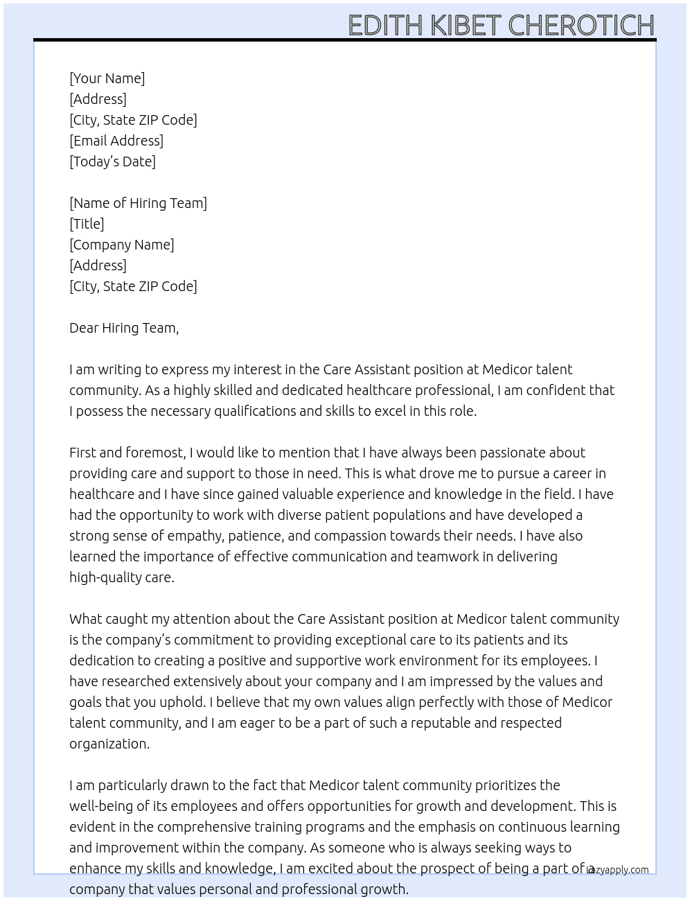 Care Assistant  At Medicor talent community Cover Letter