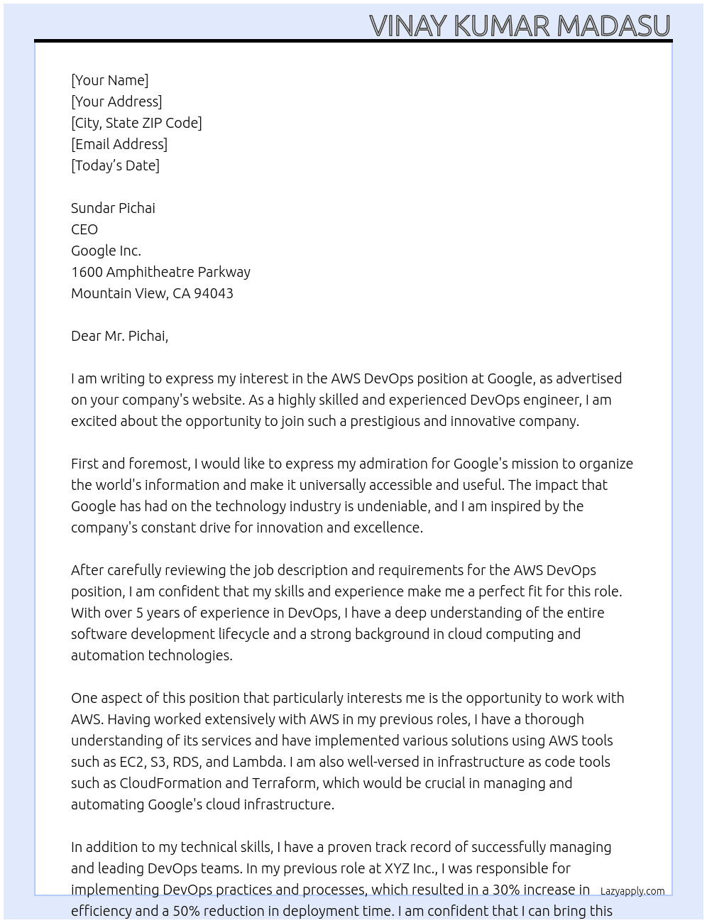 AWS DevOps At Google Cover Letter