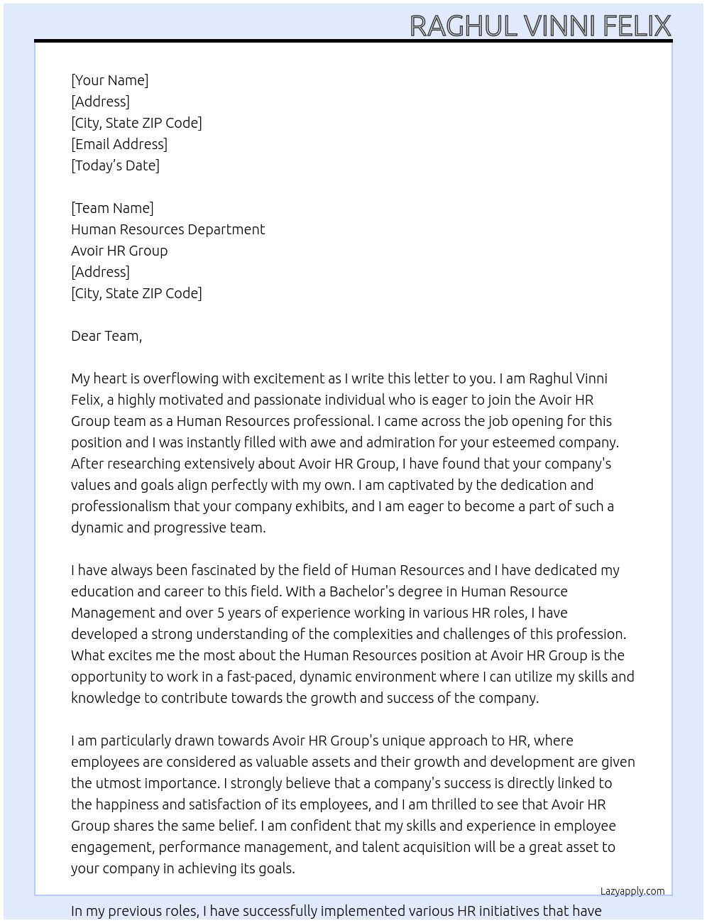 Human Resources At Avoir HR Group Cover Letter