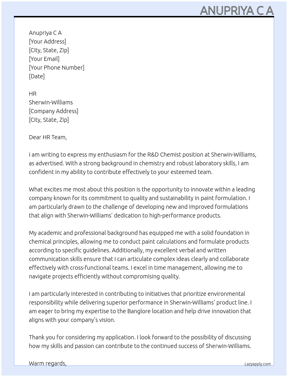 R & D Chemist  At  Sherwin-Williams Cover Letter