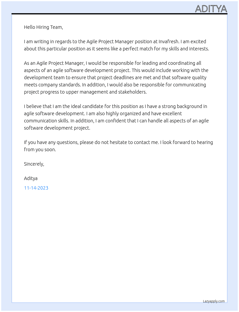 Agile Project Manager At Invafresh Cover Letter