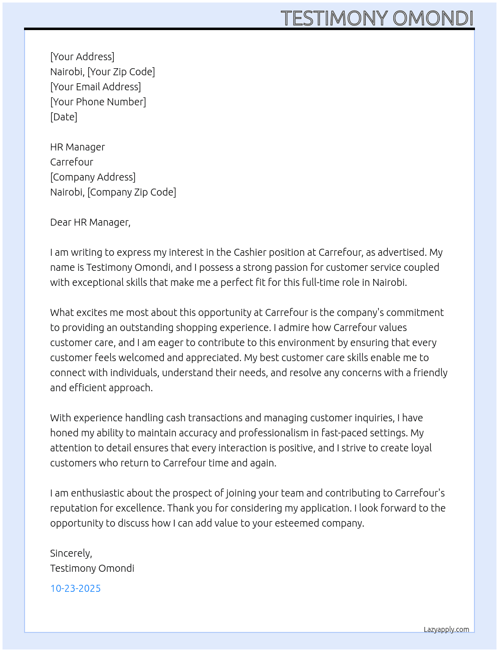 Cashier At Carrefour  Cover Letter