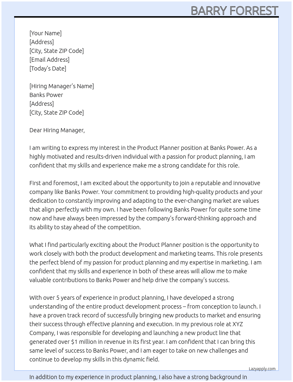 Product Planner At Banks Power Cover Letter