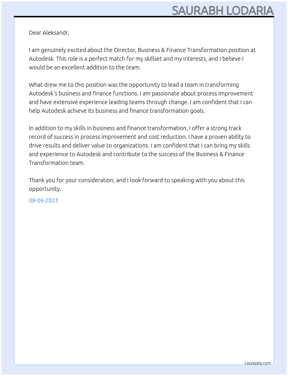 Director, Business & Finance Transformation At Autodesk Cover Letter
