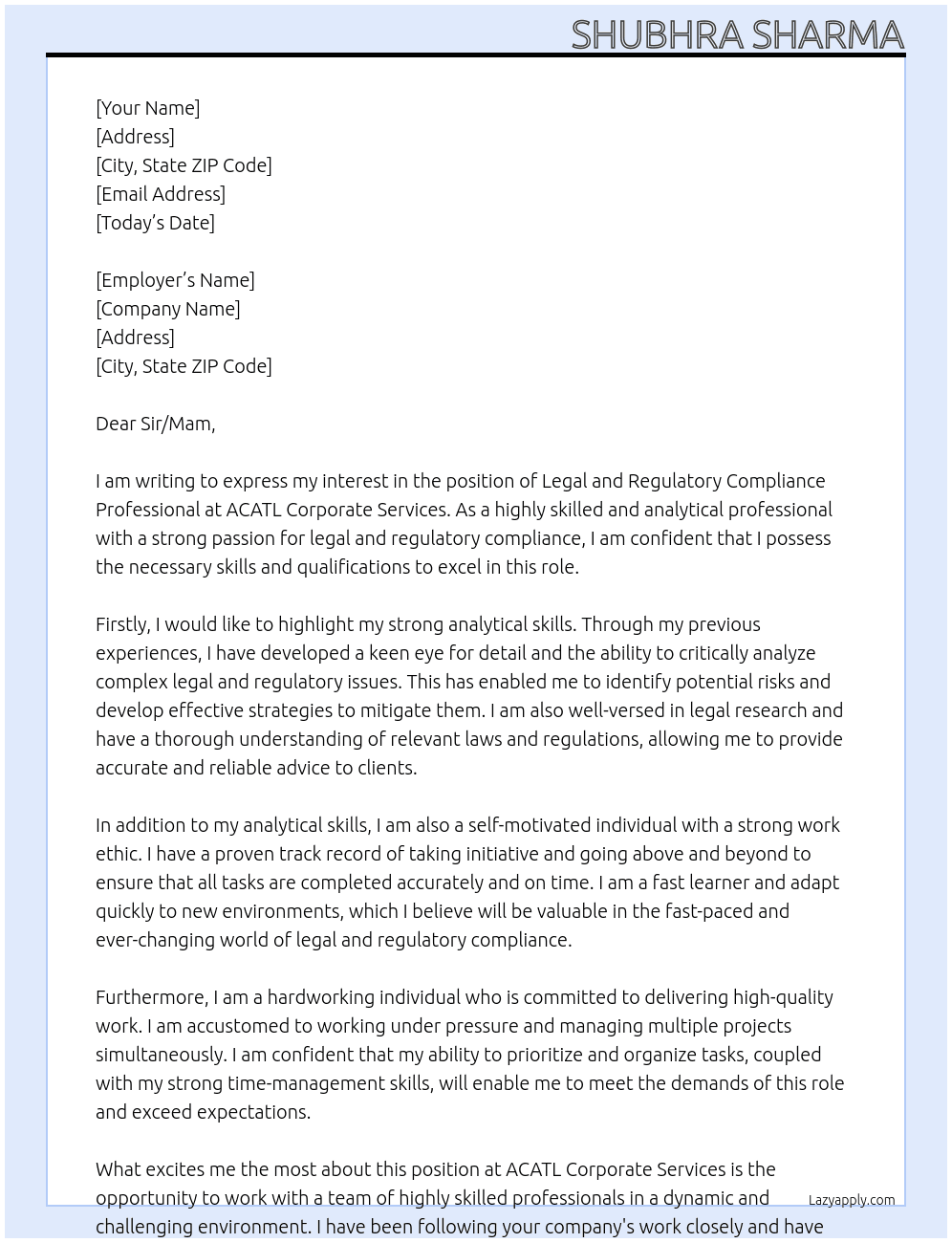 Legal and Regulatory Compliance Professional  At ACATL Corporate Services  Cover Letter