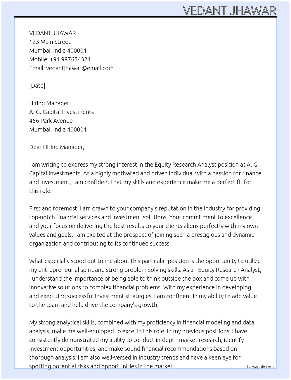 Equity Research Analyst At A. G. Capital Investments Cover Letter