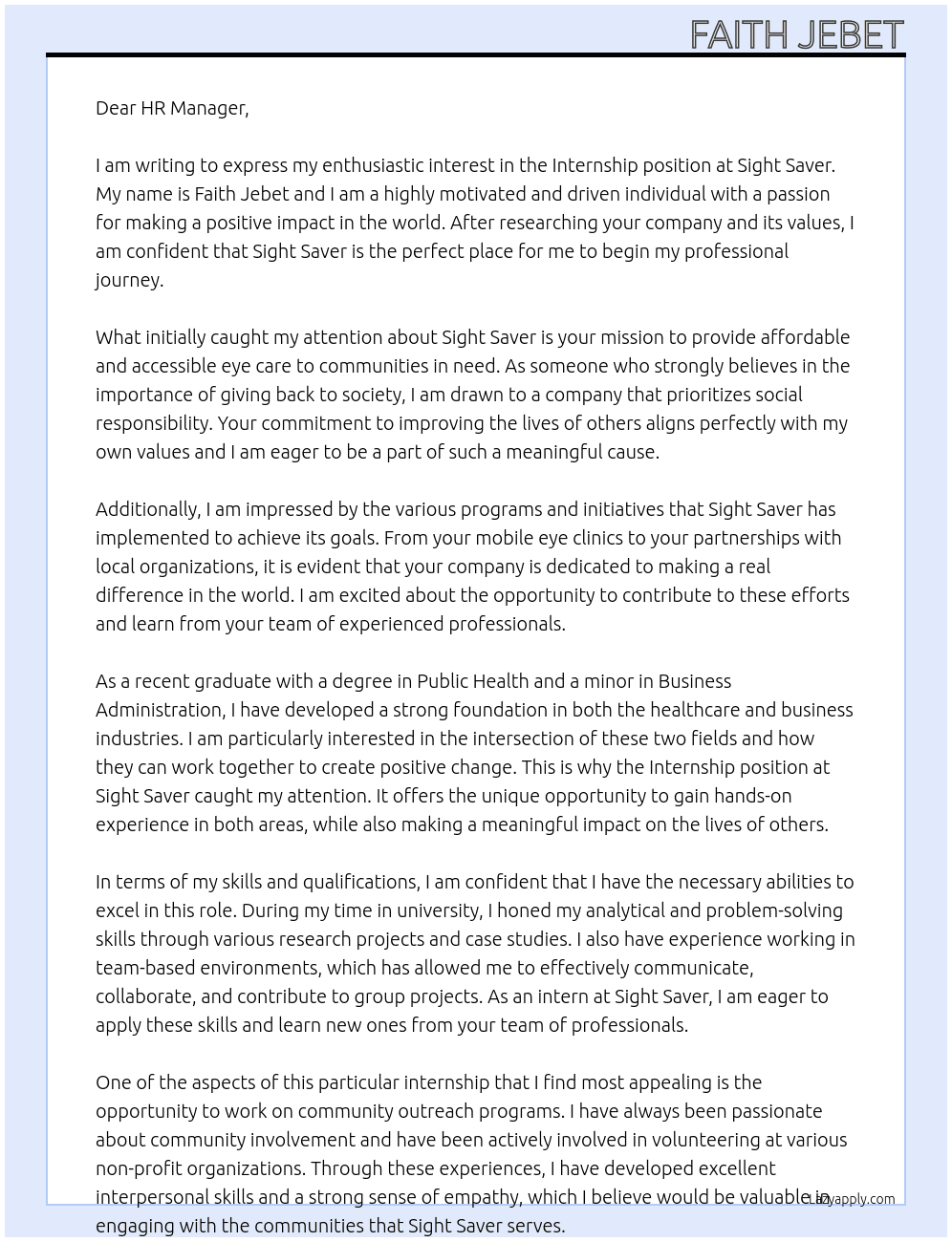 Internship At Sight saver Cover Letter
