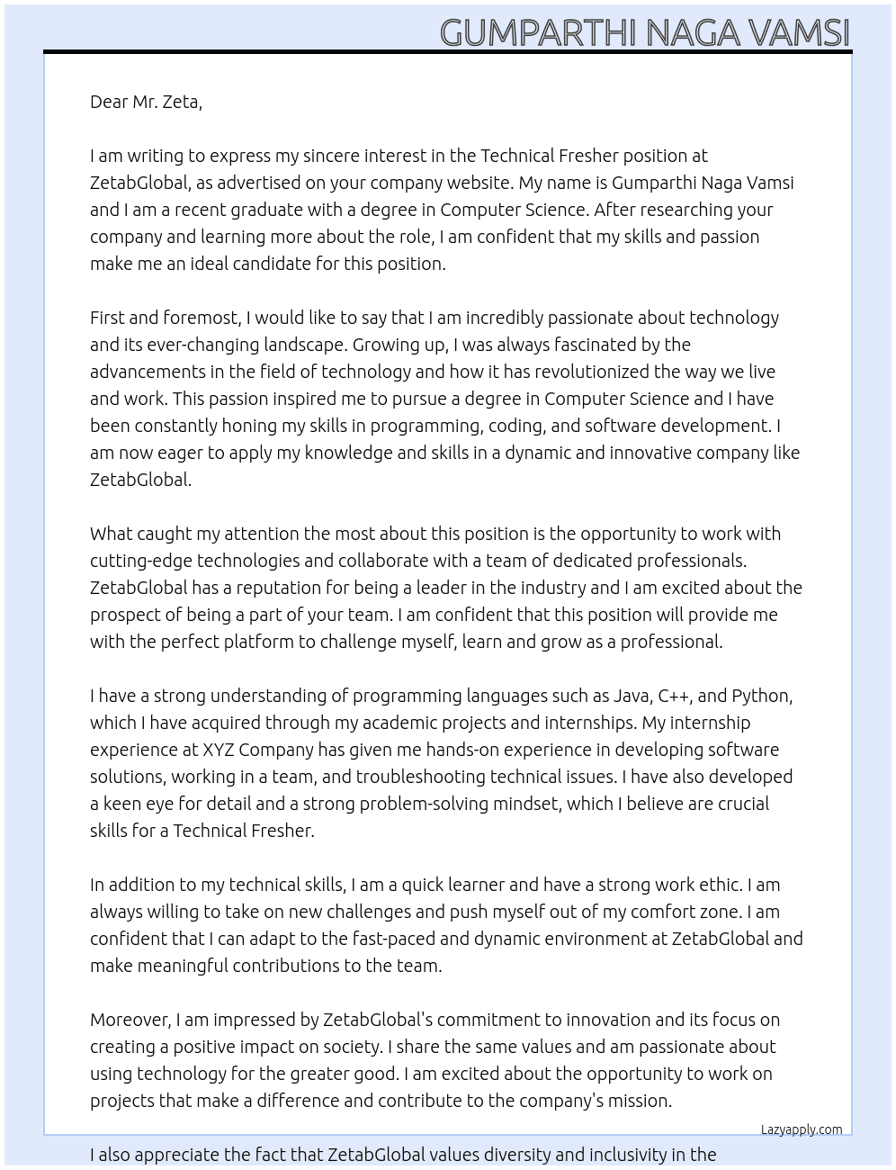 Technical Fresher At ZetabGlobal Cover Letter