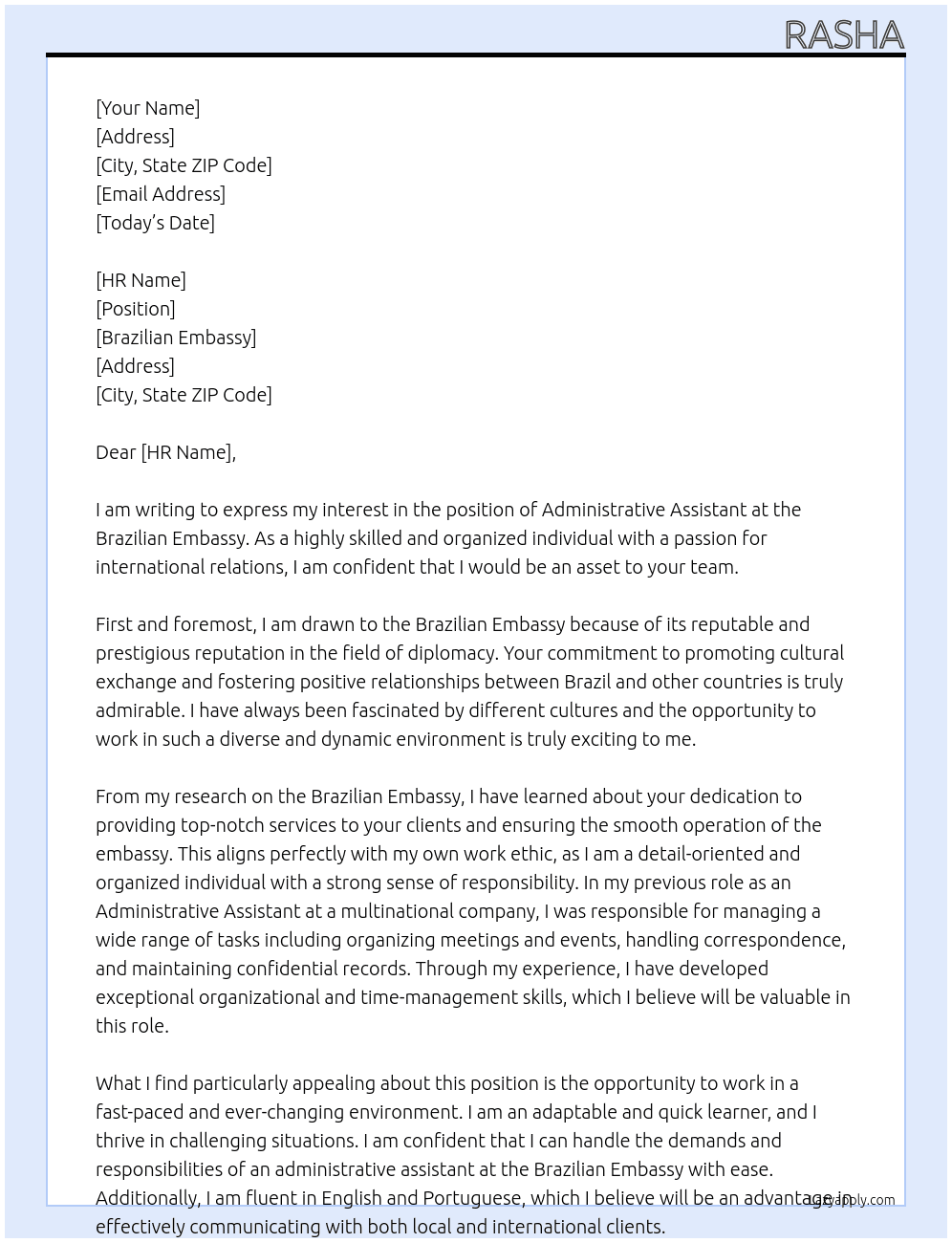 Administrative assistant  At Brazilian embassy  Cover Letter