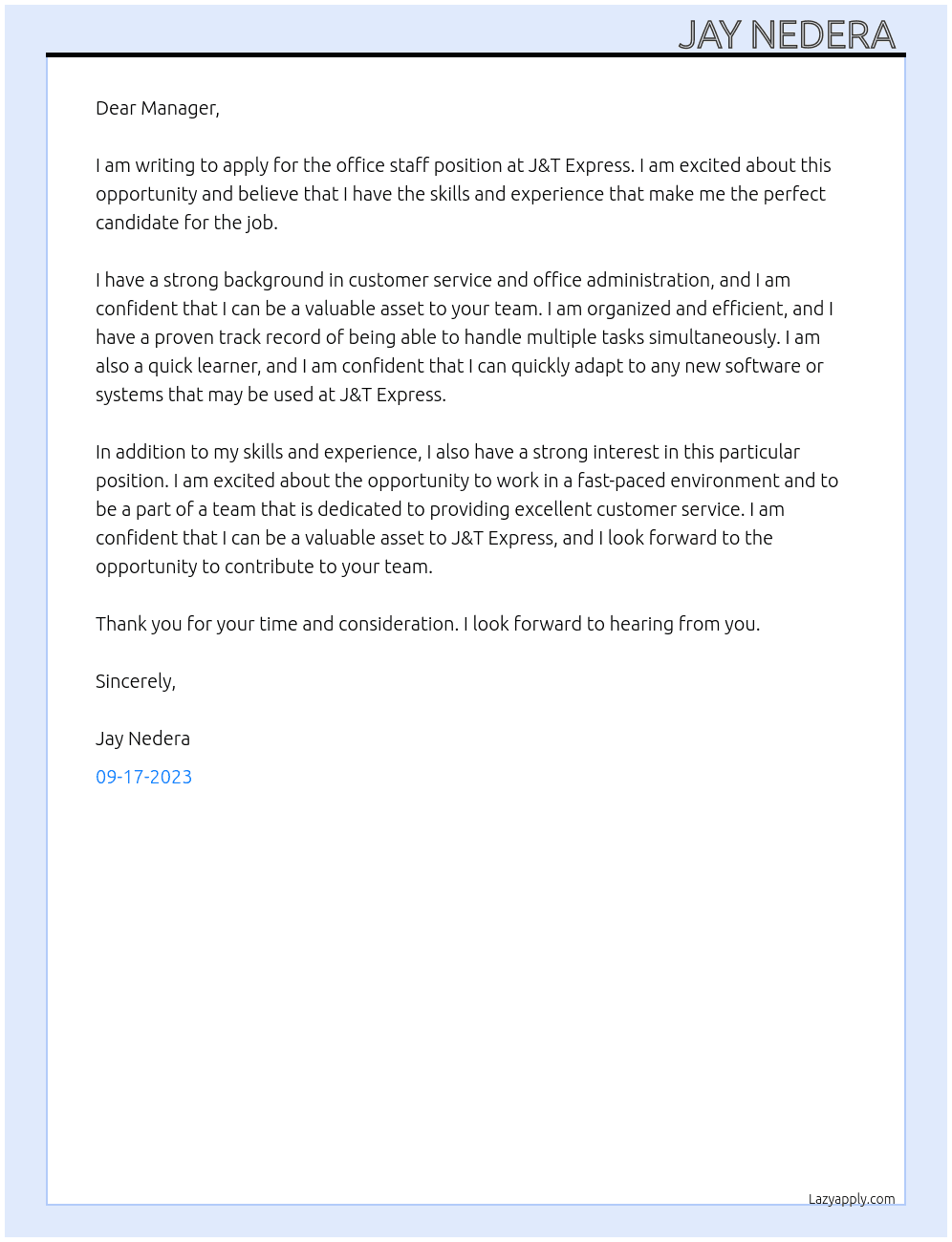 Office staff  At J&T Express  Cover Letter
