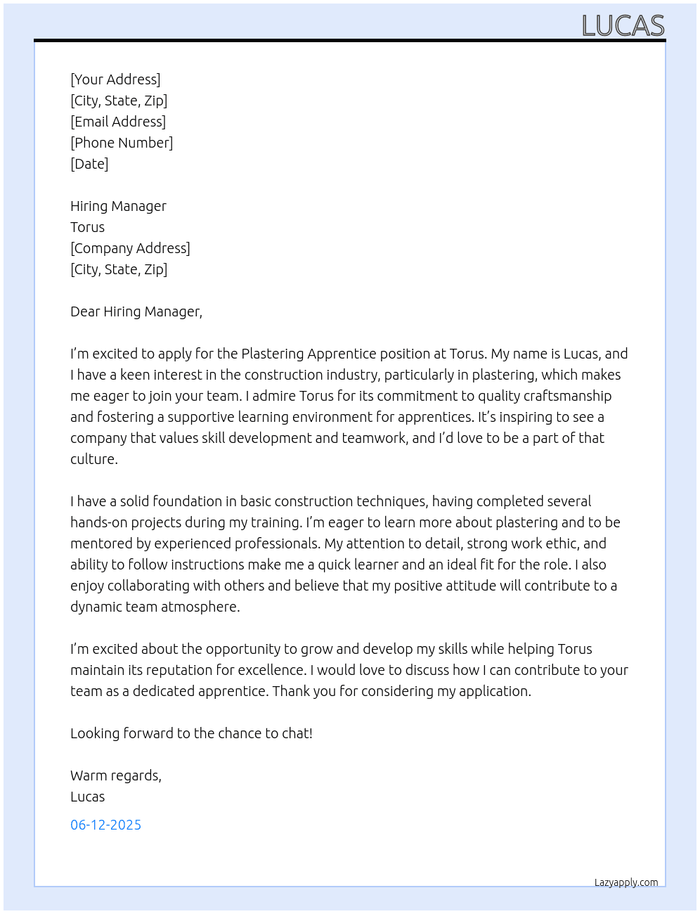 plastering apprentice  At torus Cover Letter