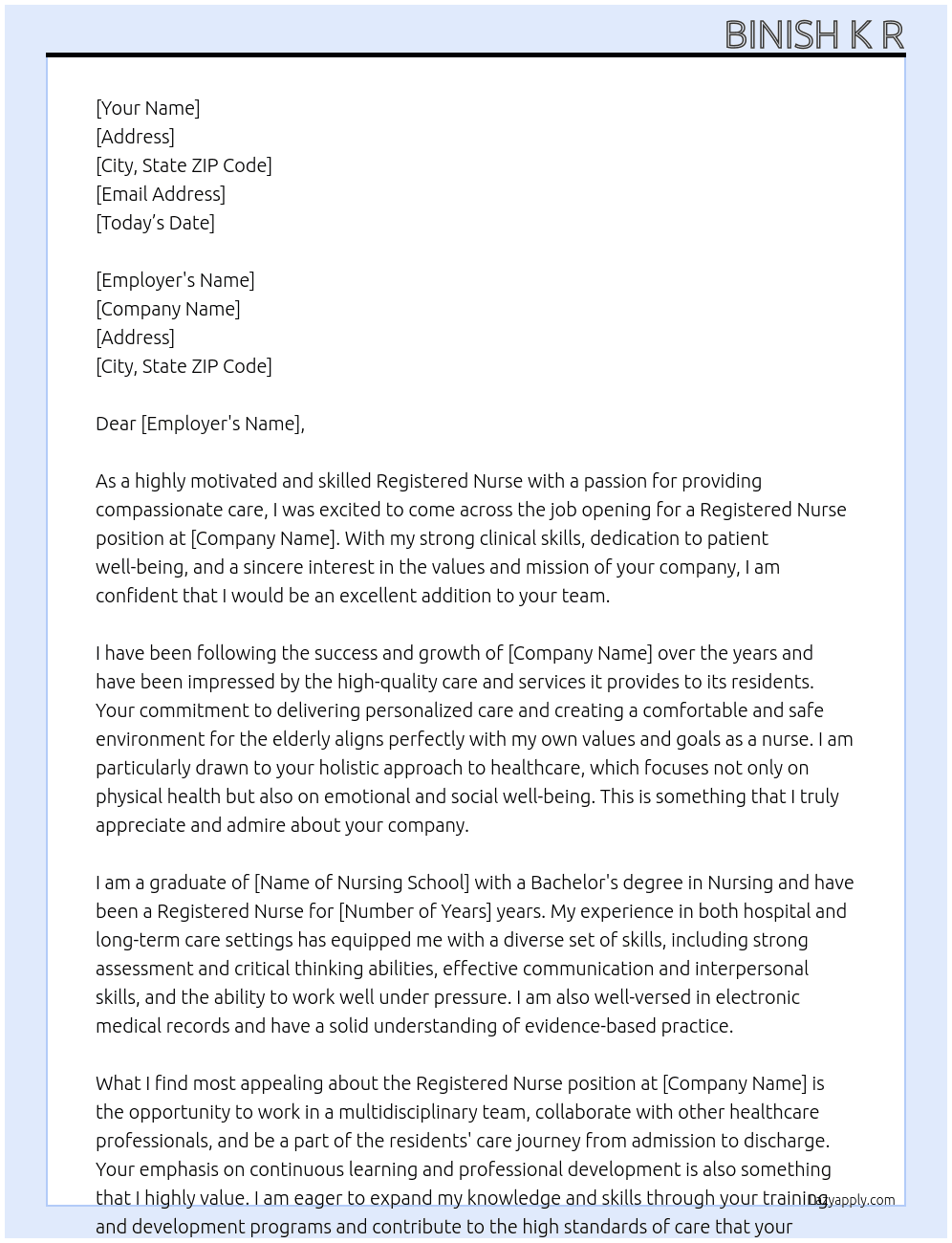 Registered nurse At Care home Cover Letter