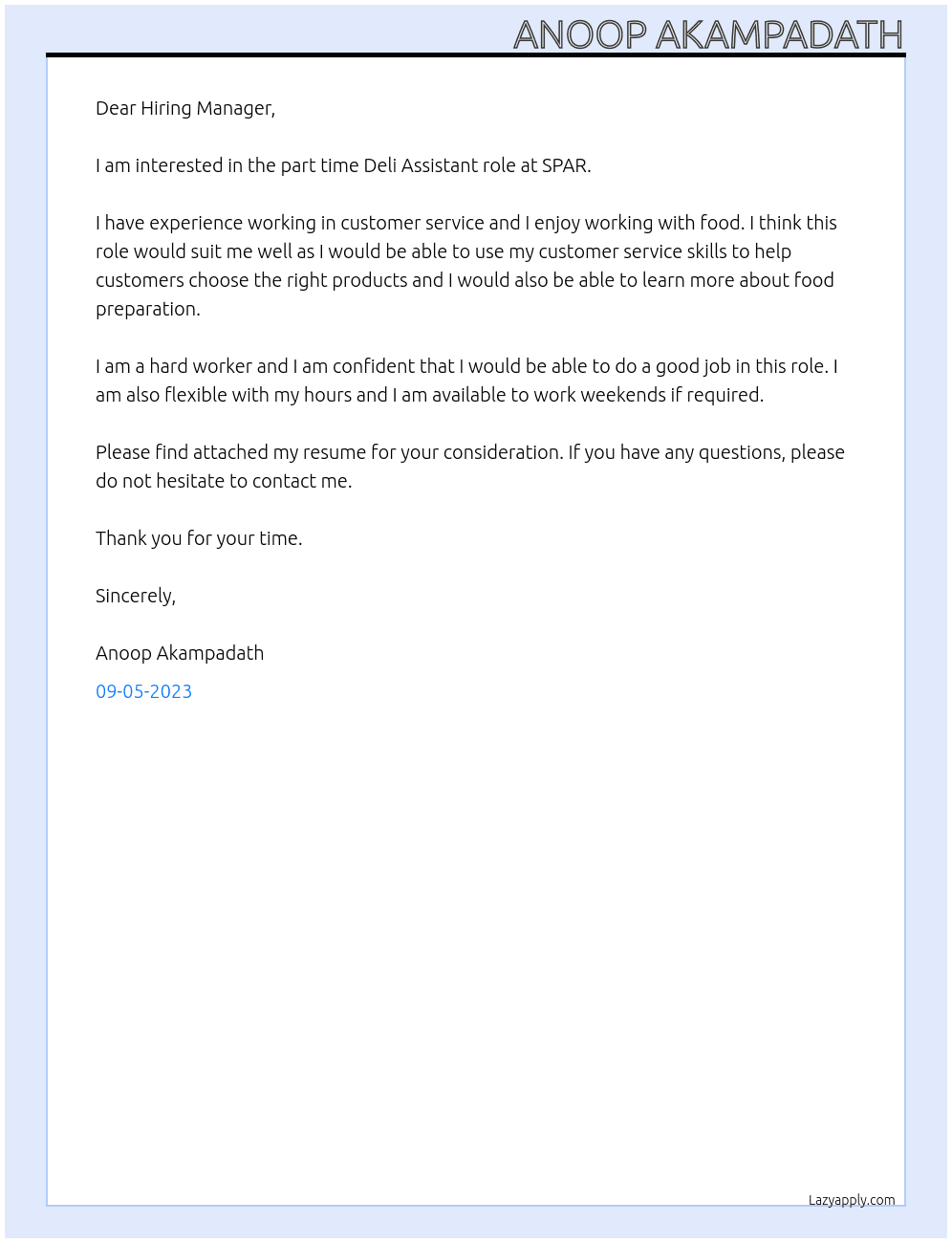 Deli Assistant At SPAR  Cover Letter