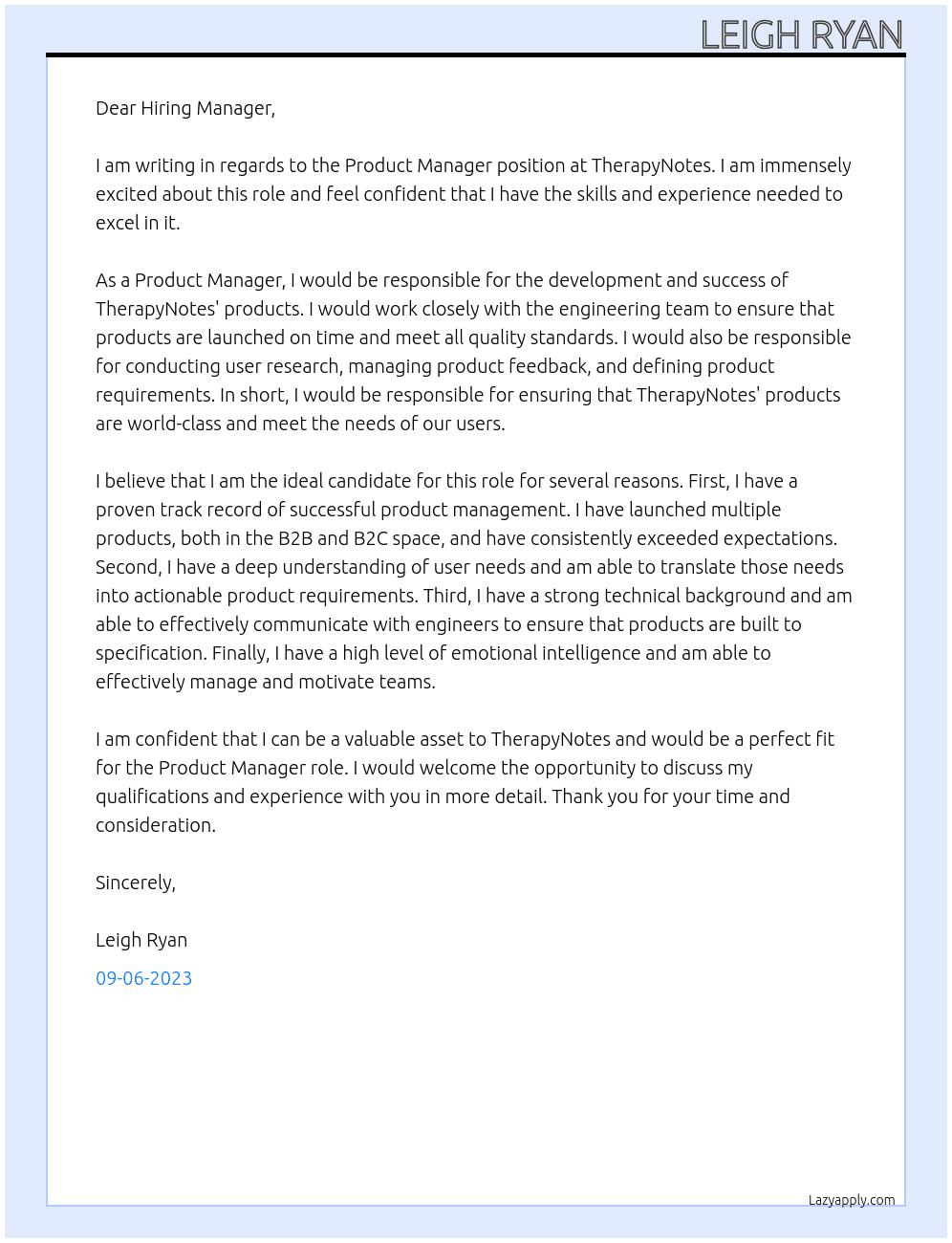 Product Manager At TherapyNotes Cover Letter