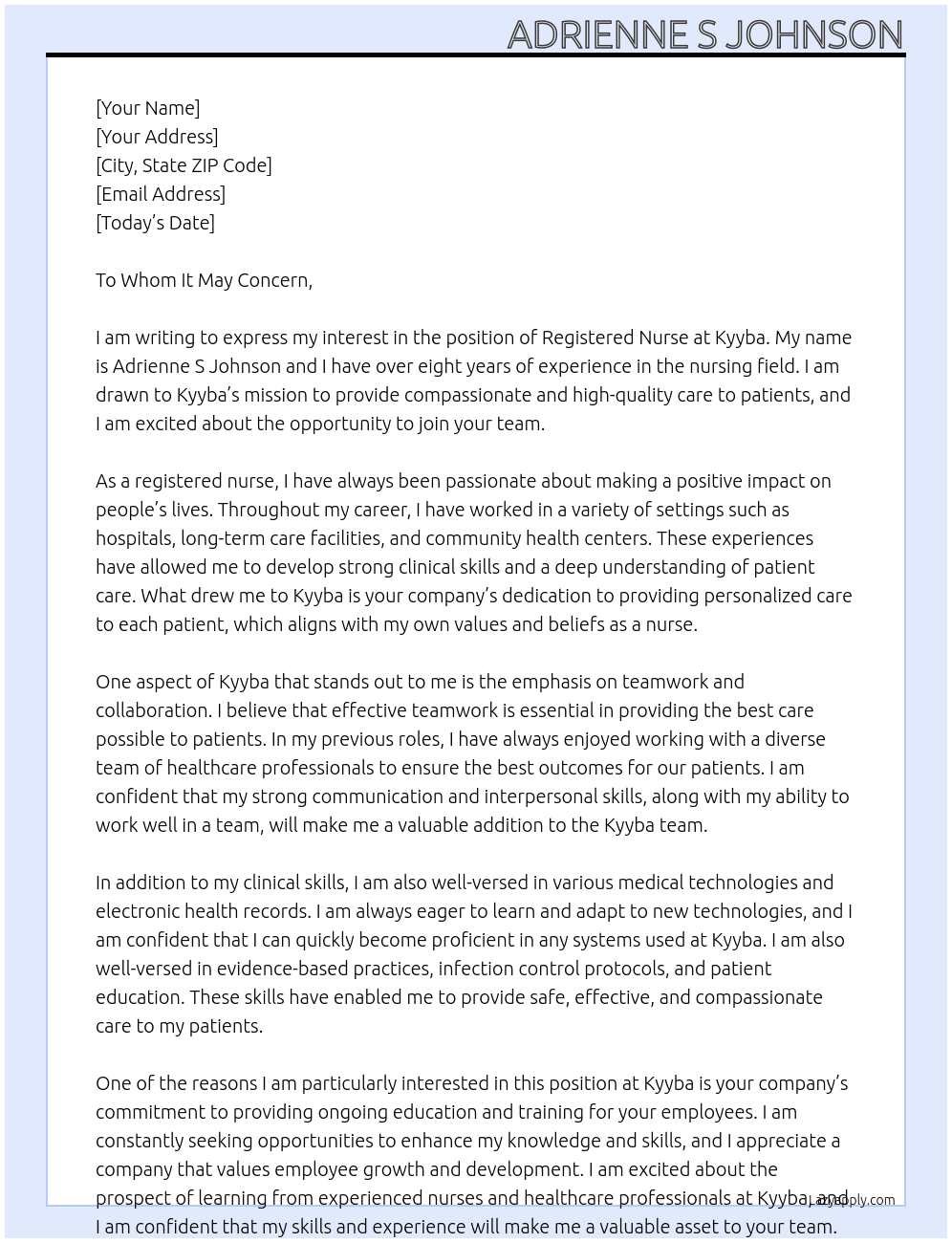 Registered Nurse At Kyyba Cover Letter