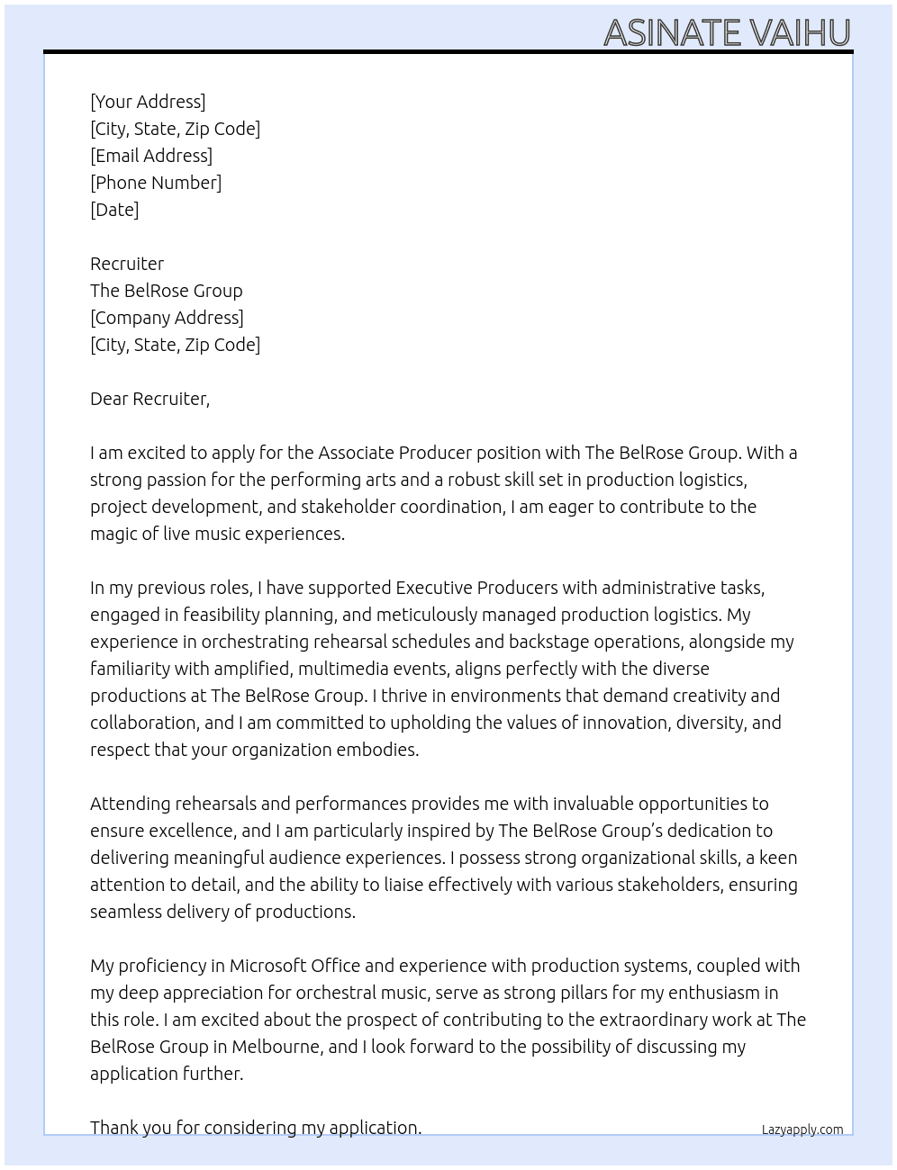 Associate Producer (MSO) At The BelRose Group  Cover Letter