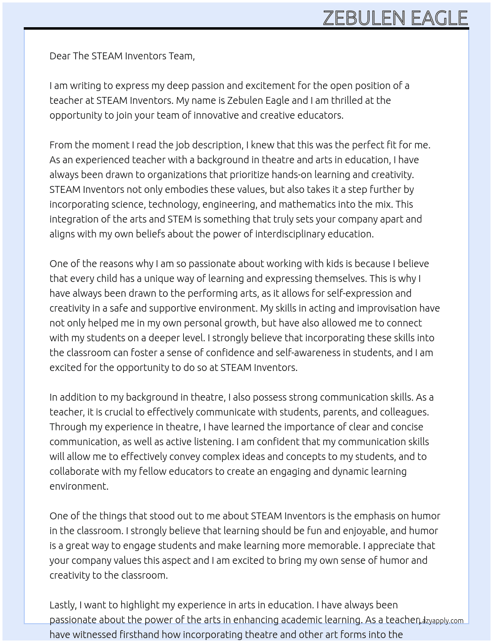 teacher At STEAM Inventors Cover Letter