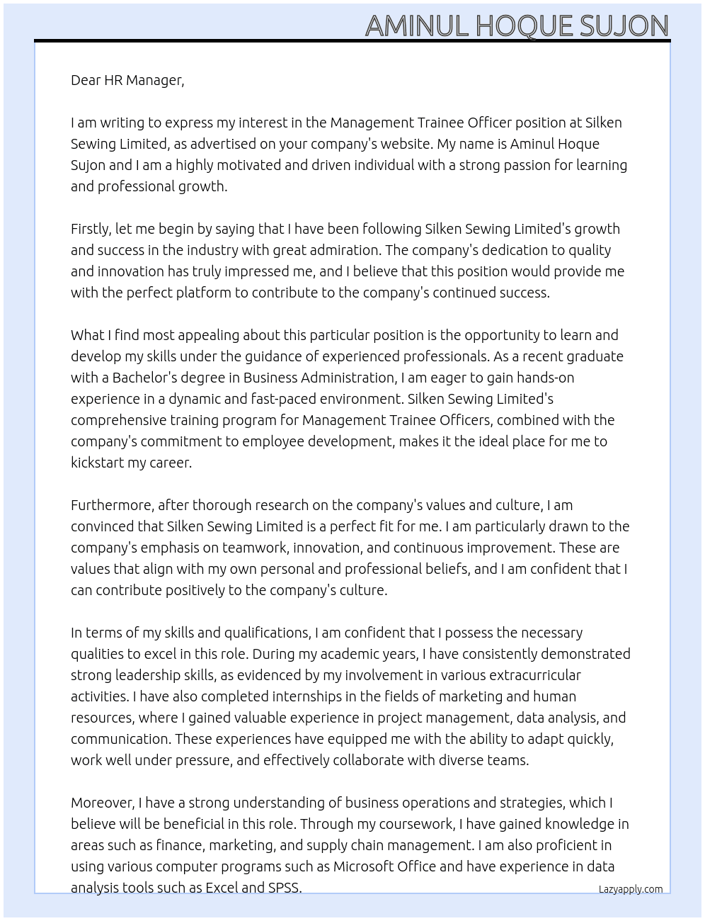 Management Trainee Officer At Silken Sewing Limited  Cover Letter