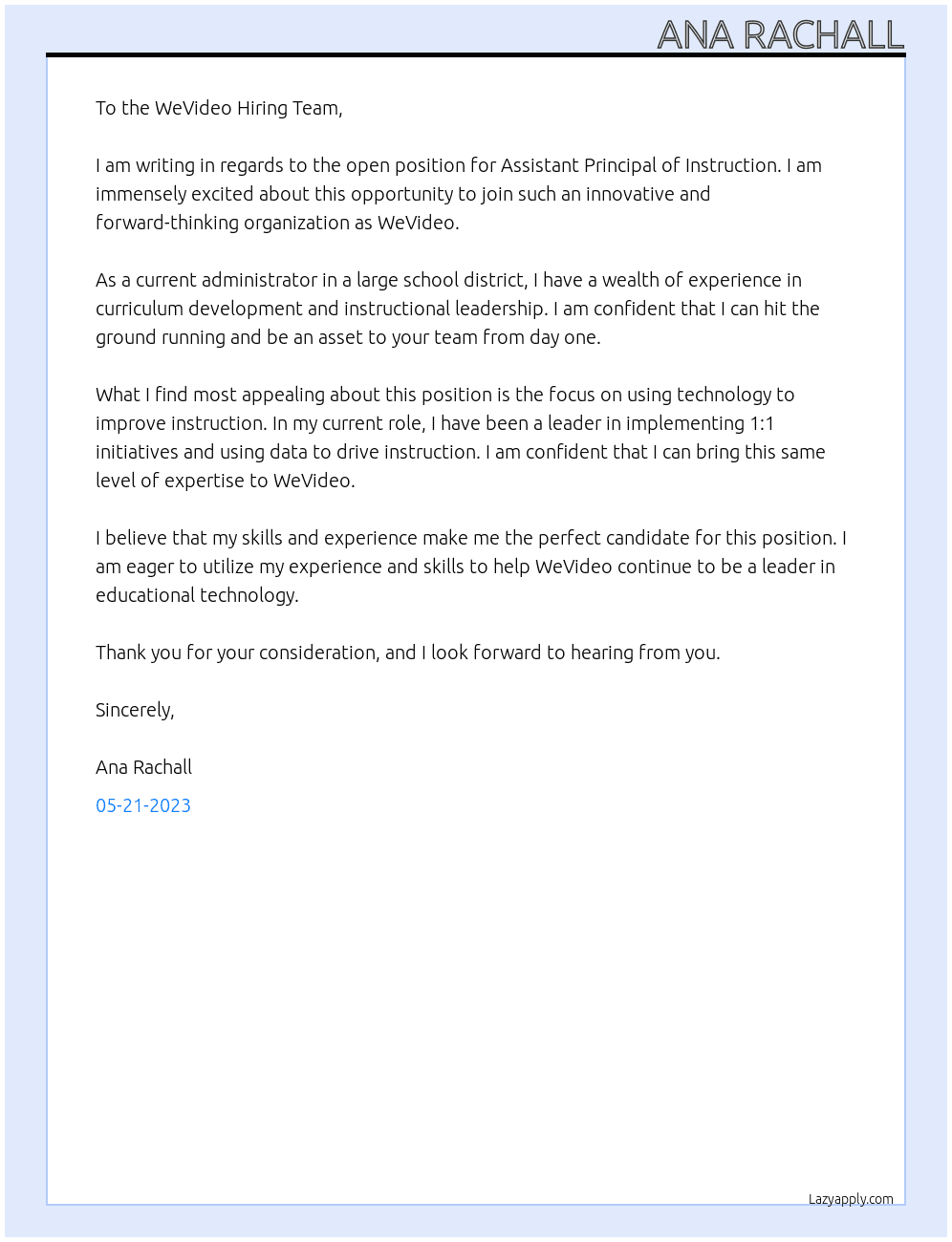 Assitant Principal of Instruction At WeVideo Cover Letter
