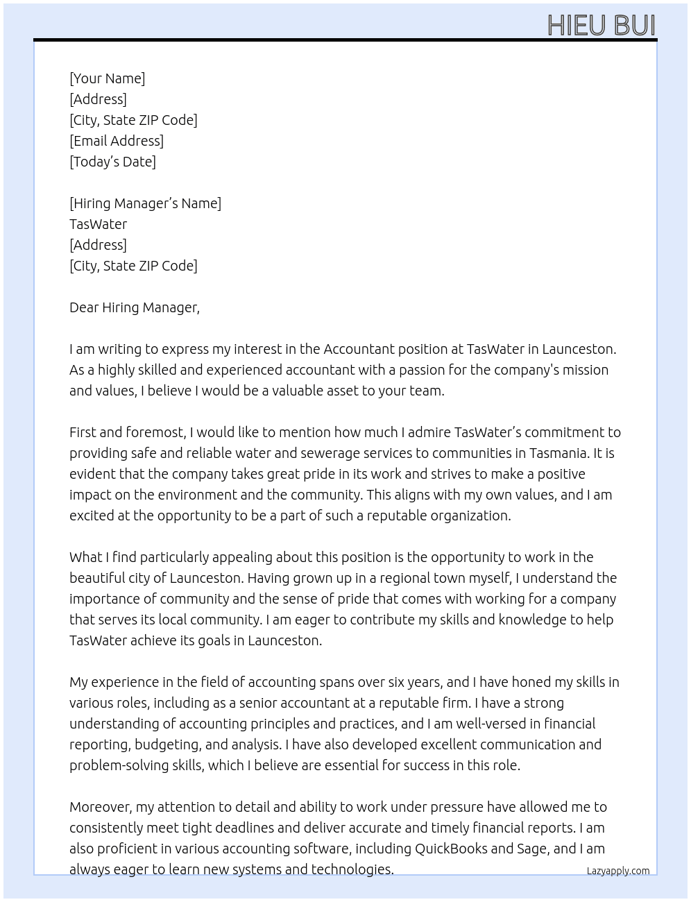 Accountant At TasWater Cover Letter
