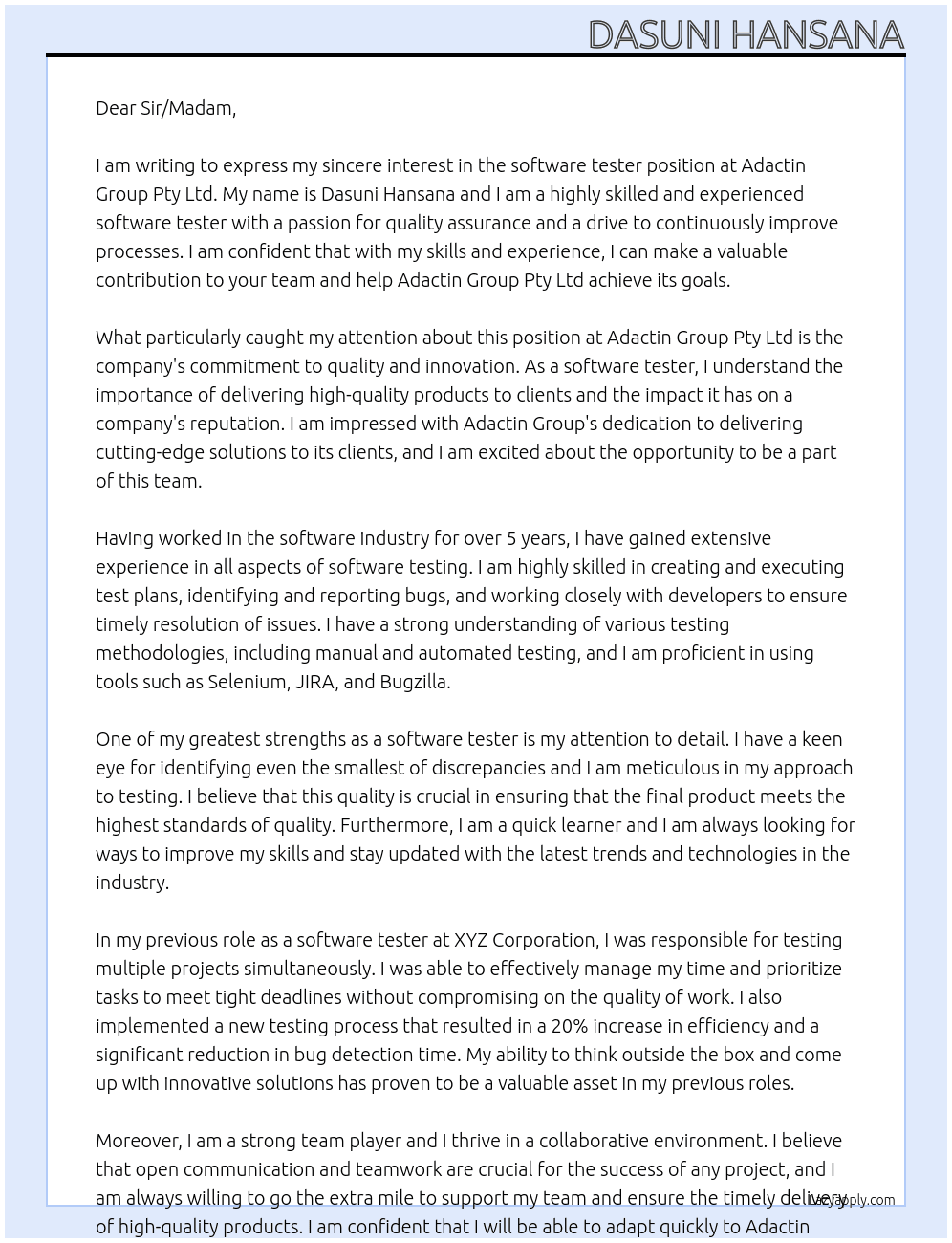 software tester At Adactin Group Pty Ltd Cover Letter