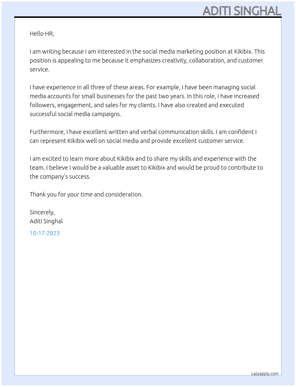 Social media marketing  At Kikibix Cover Letter