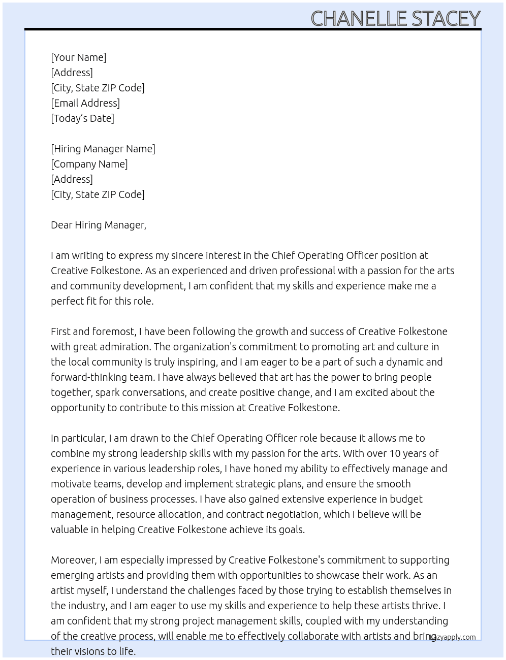 Chief Operating Officer At Creative Folkestone Cover Letter
