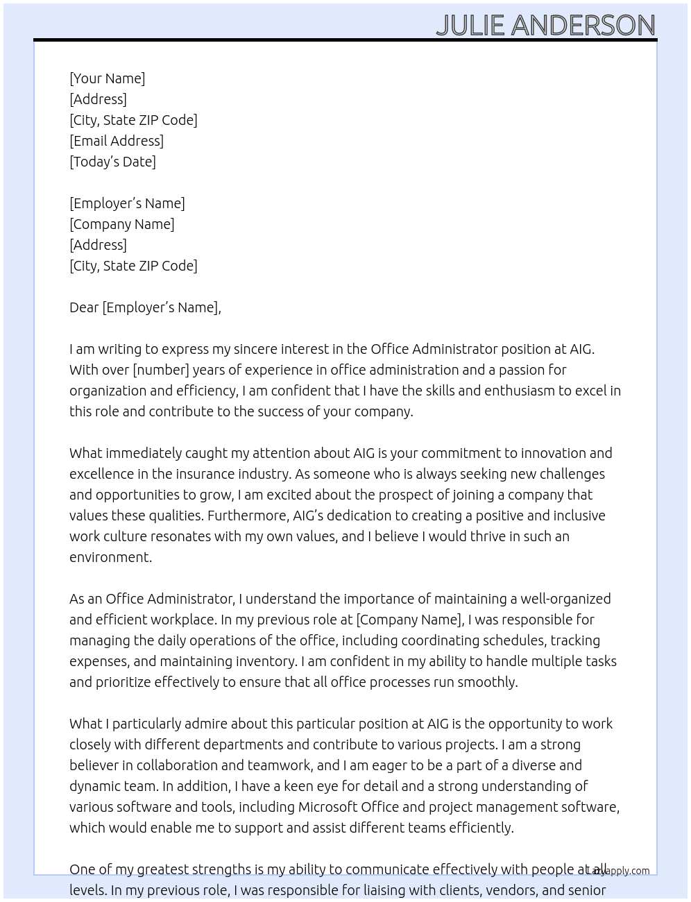 Office Administrator At AIG Cover Letter