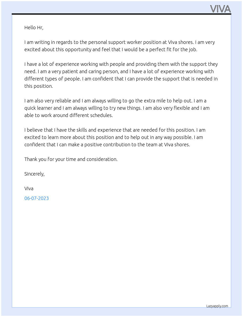 Personal support worker At Viva shores  Cover Letter