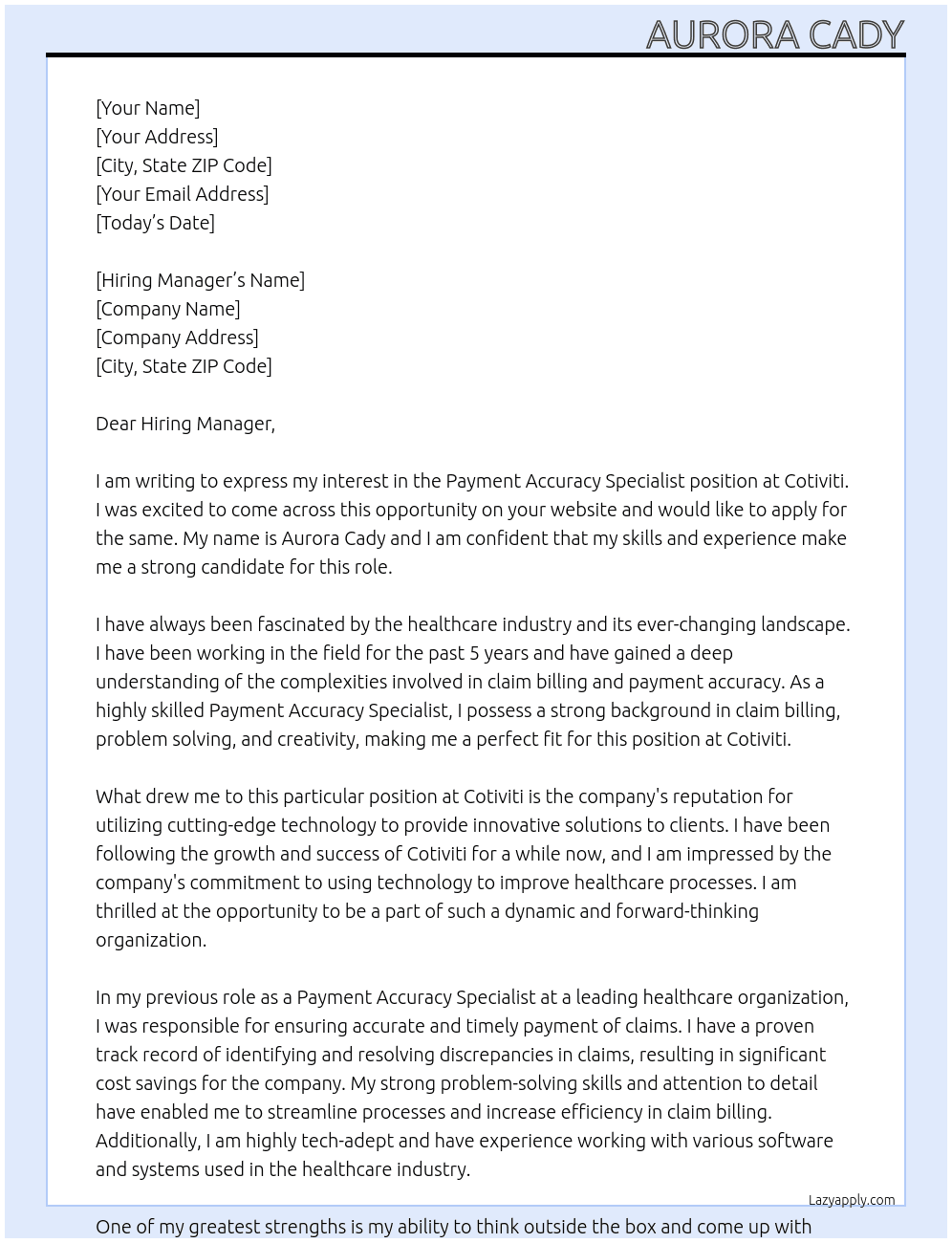 Payment Accuracy Specialist At Cotiviti Cover Letter