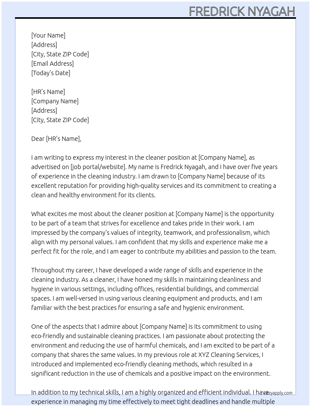 cleaner At cc Cover Letter
