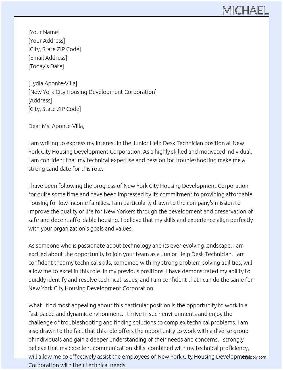 Junior Help Desk Technician At New York City Housing Development Corporation Cover Letter