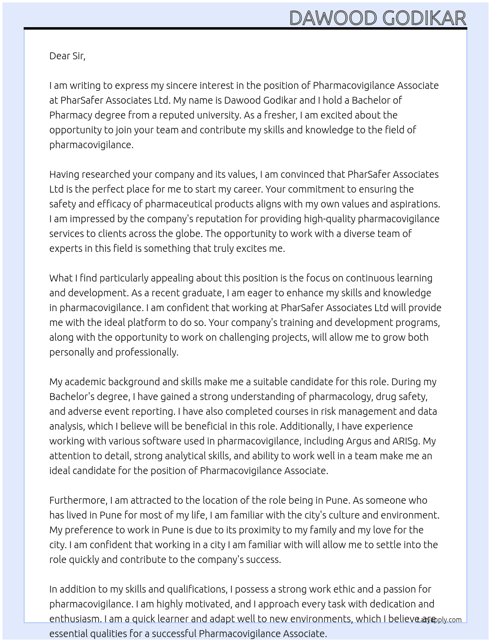 Pharmacovigilance Associate At PharSafer Associates Ltd Cover Letter