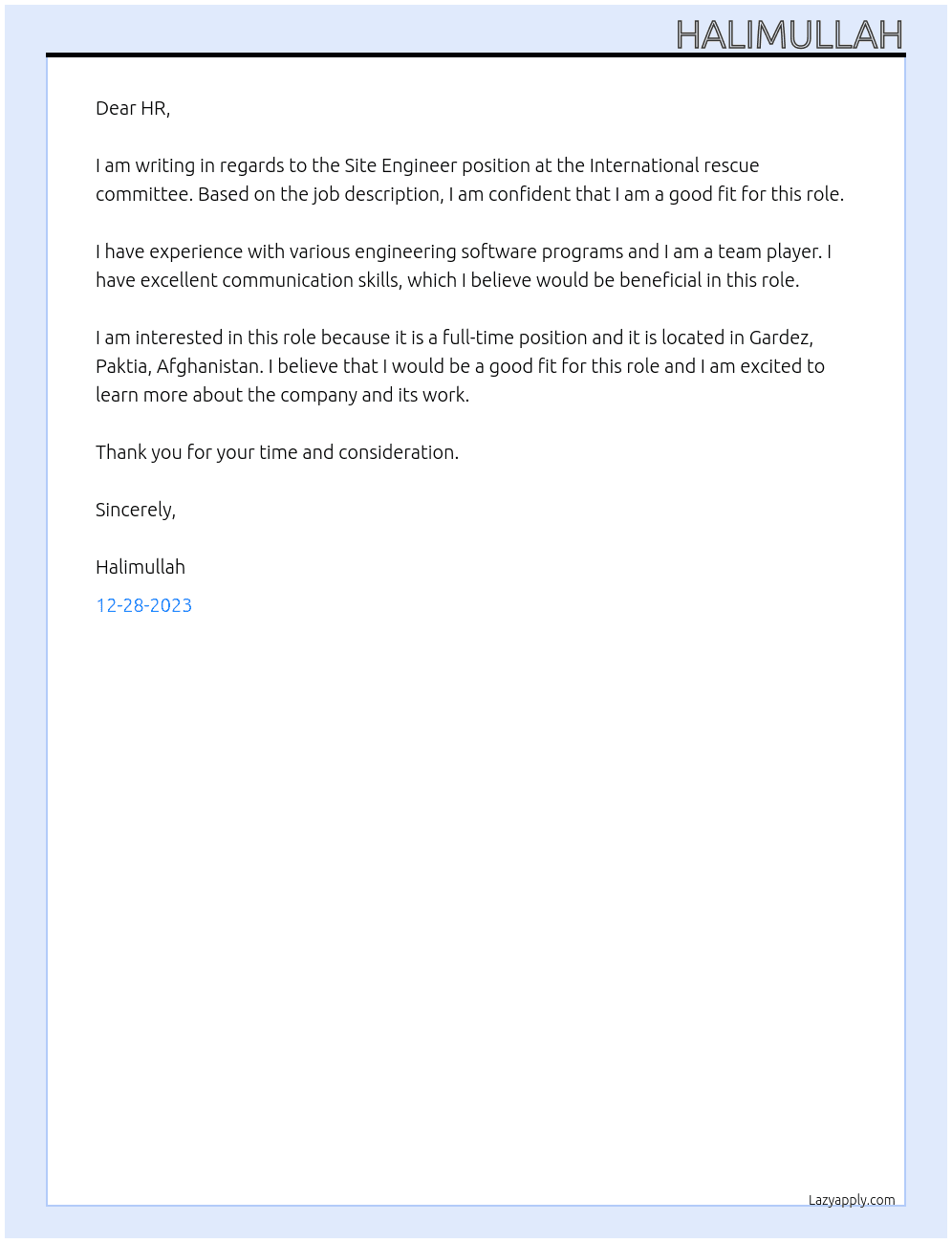Site Engineer  At International rescue committee  Cover Letter