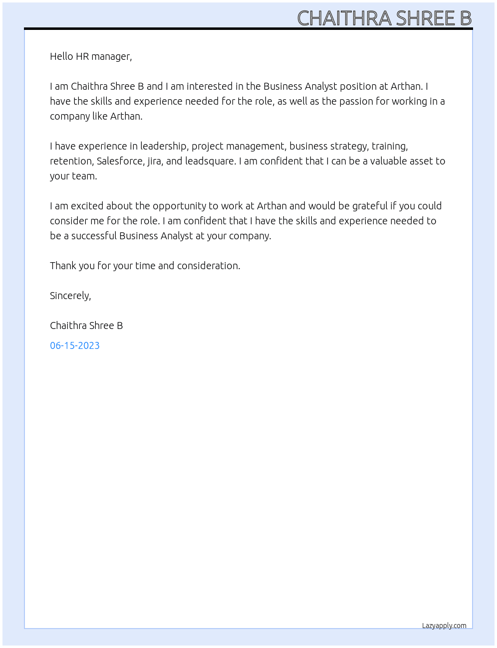 Business Analyst  At Arthan Cover Letter