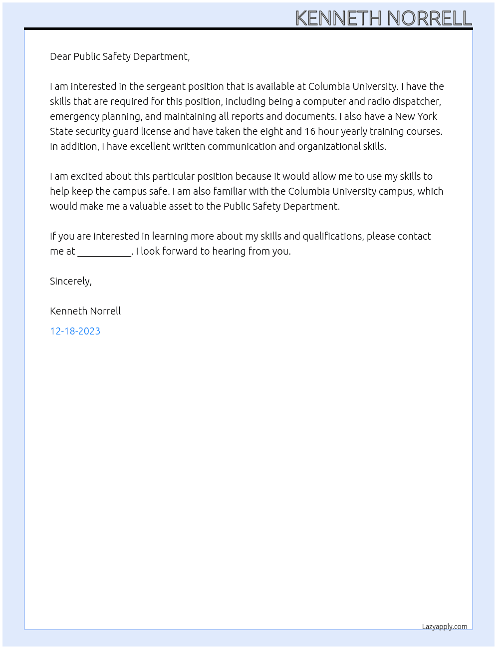 Sergeant At Columbia University, Public Safety Cover Letter