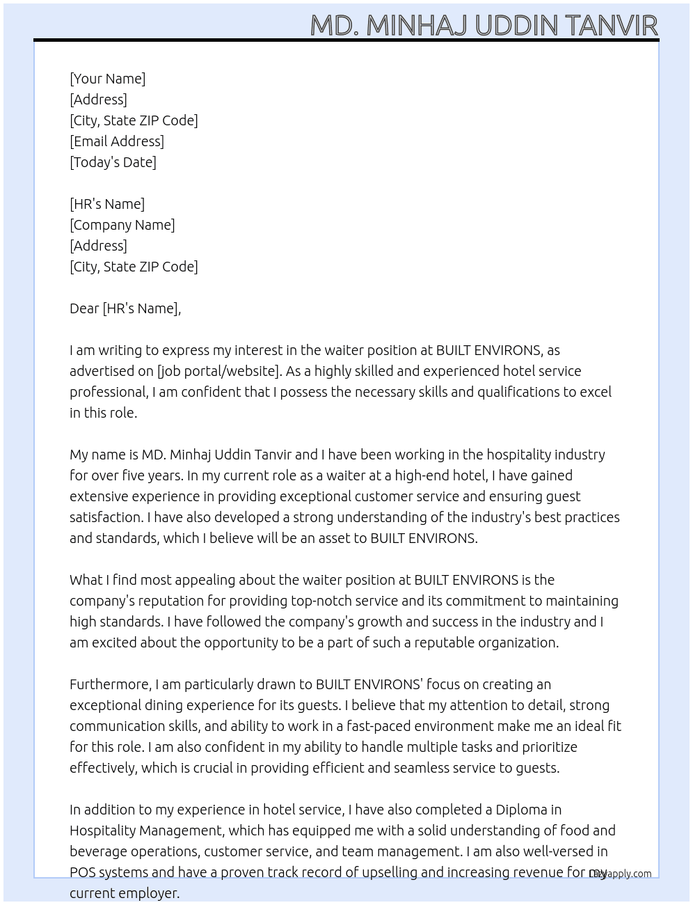 waiter  At BUILT ENVIRONS Cover Letter
