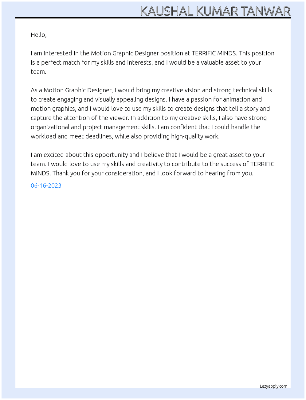 Motion Graphic Designer At TERRIFIC MINDS Cover Letter