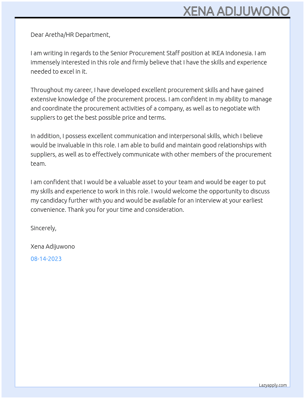 Senior Procurement Staff At IKEA Indonesia Cover Letter