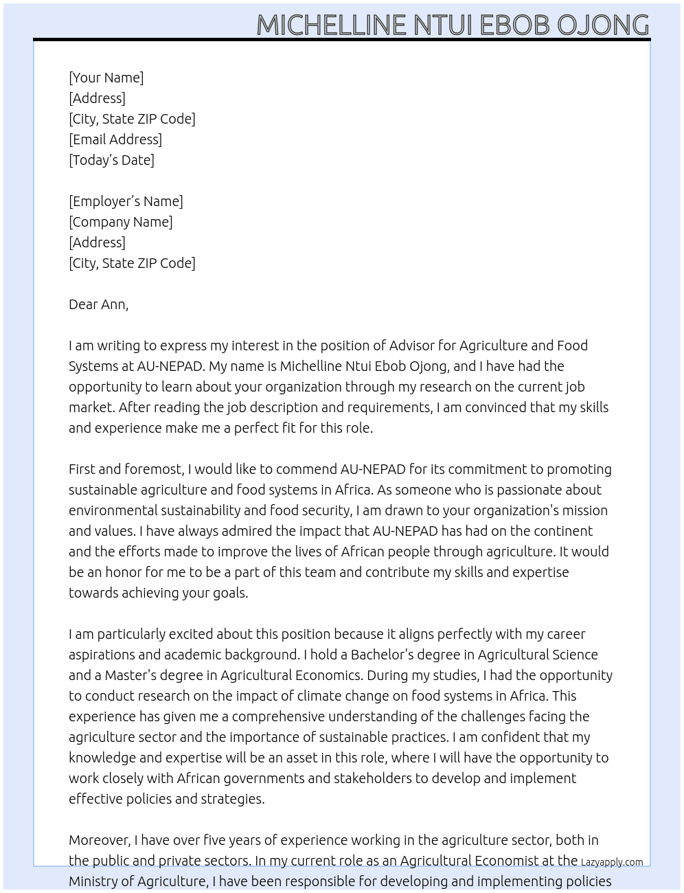 Cover letter for advisor, agriculture and food systems - LazyApply